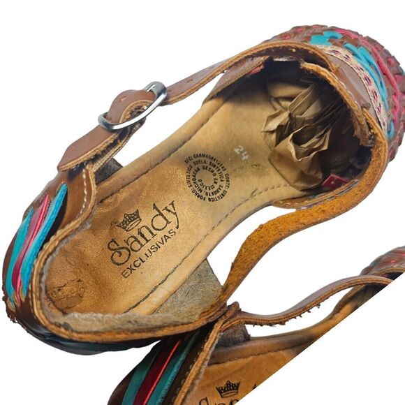 Sandy Exclusivas Womens SZ 7.5 Leather and Rainbow Fabric Mexican Shoes Flaw - Picture 4 of 8